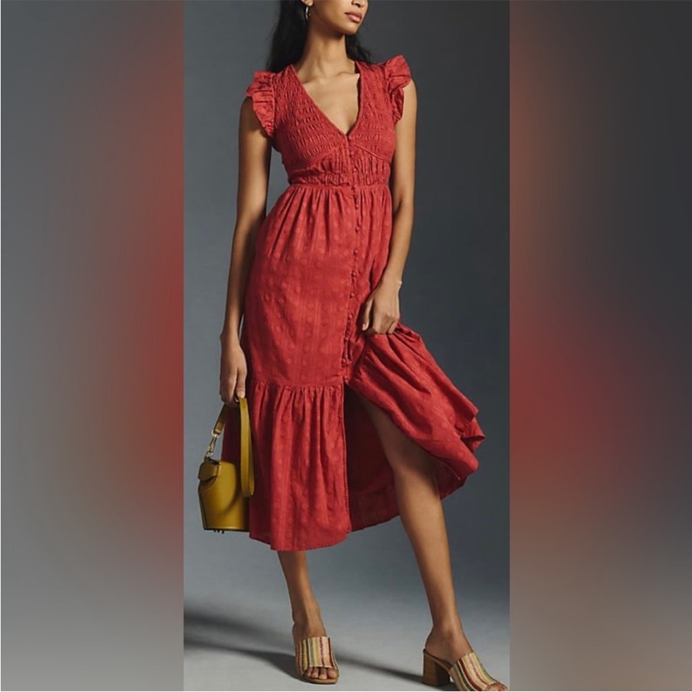 Anthropologie Peregrine Tiered Midi Dress with Flutter Sleeves
